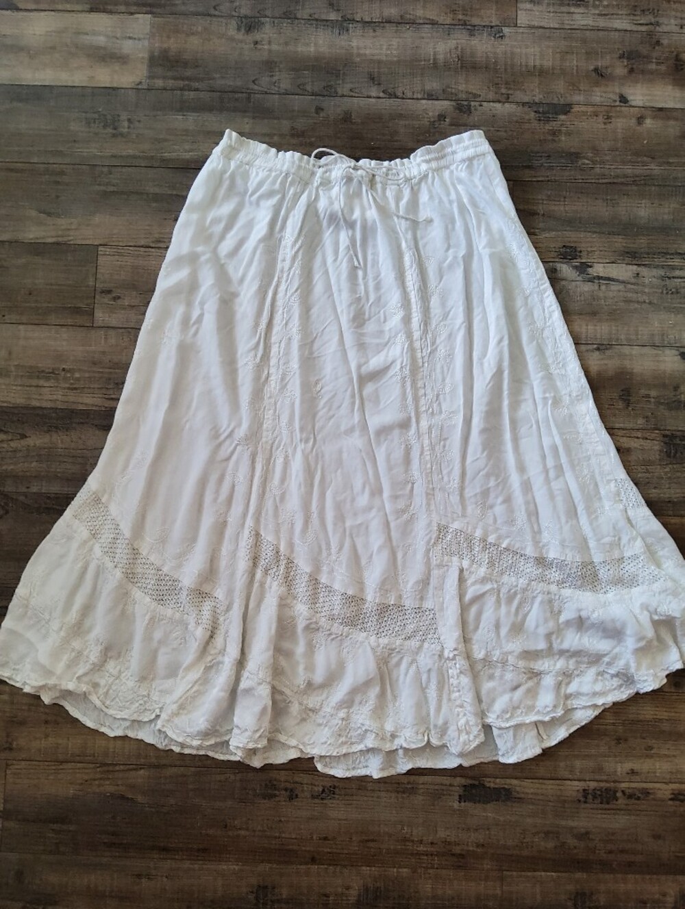 90s/ Y2K Indian Rayon White Bohemian Crochet-Trim Maxi Skirt